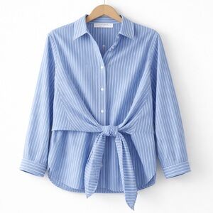Primark Blue White Stripe Tie Front Oxford Cotton Shirt Blouse Size S